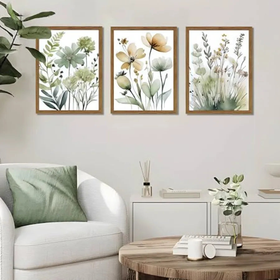 Set of 3 Boho Style Sage Green Botanical Wall Art