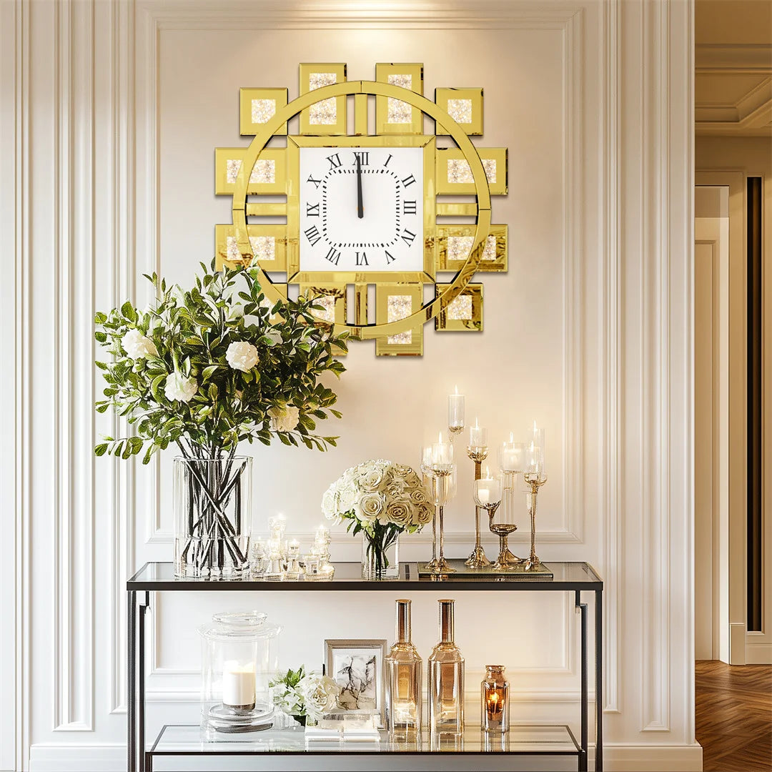 Decorative Wall Clock in Silver or Gold with Crushed Crystal Inlay