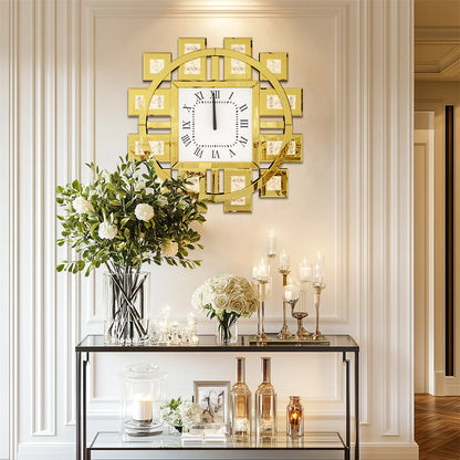 Decorative Wall Clock in Silver or Gold with Crushed Crystal Inlay
