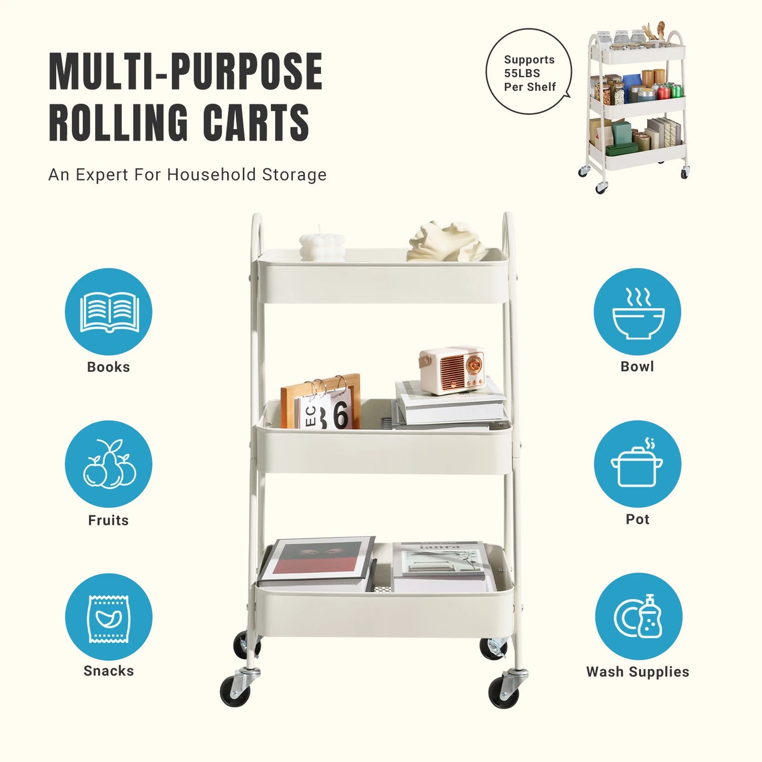 JHK 3-Tier Metal Kitchen Cart with Lockable Wheels