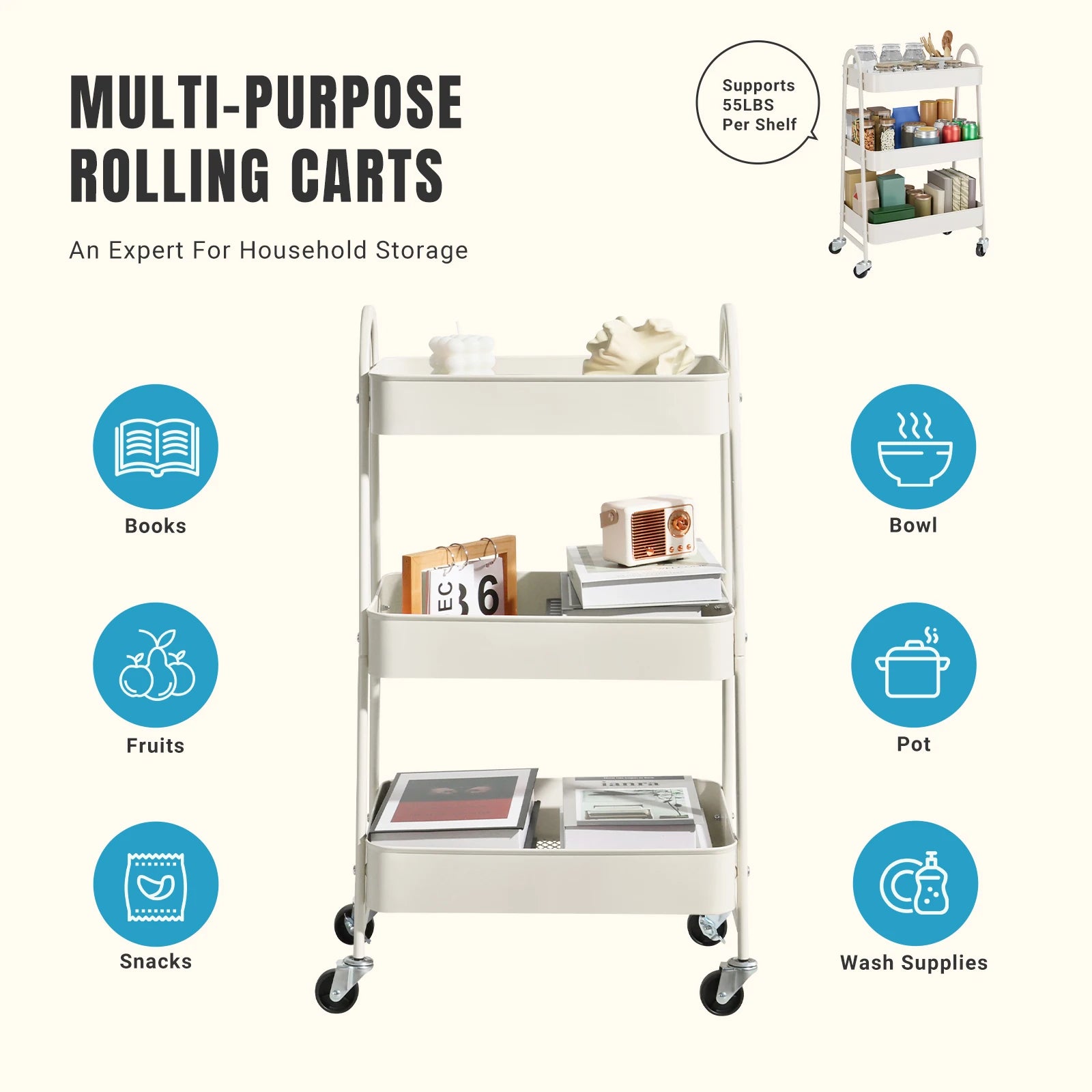 JHK 3-Tier Metal Kitchen Cart with Lockable Wheels