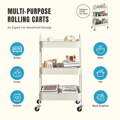 JHK 3-Tier Metal Kitchen Cart with Lockable Wheels