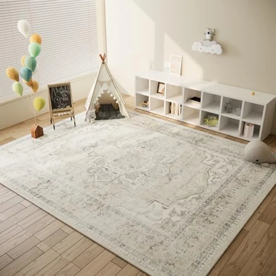 9x12 Vintage Washable Soft Faux Wool Beige Rug