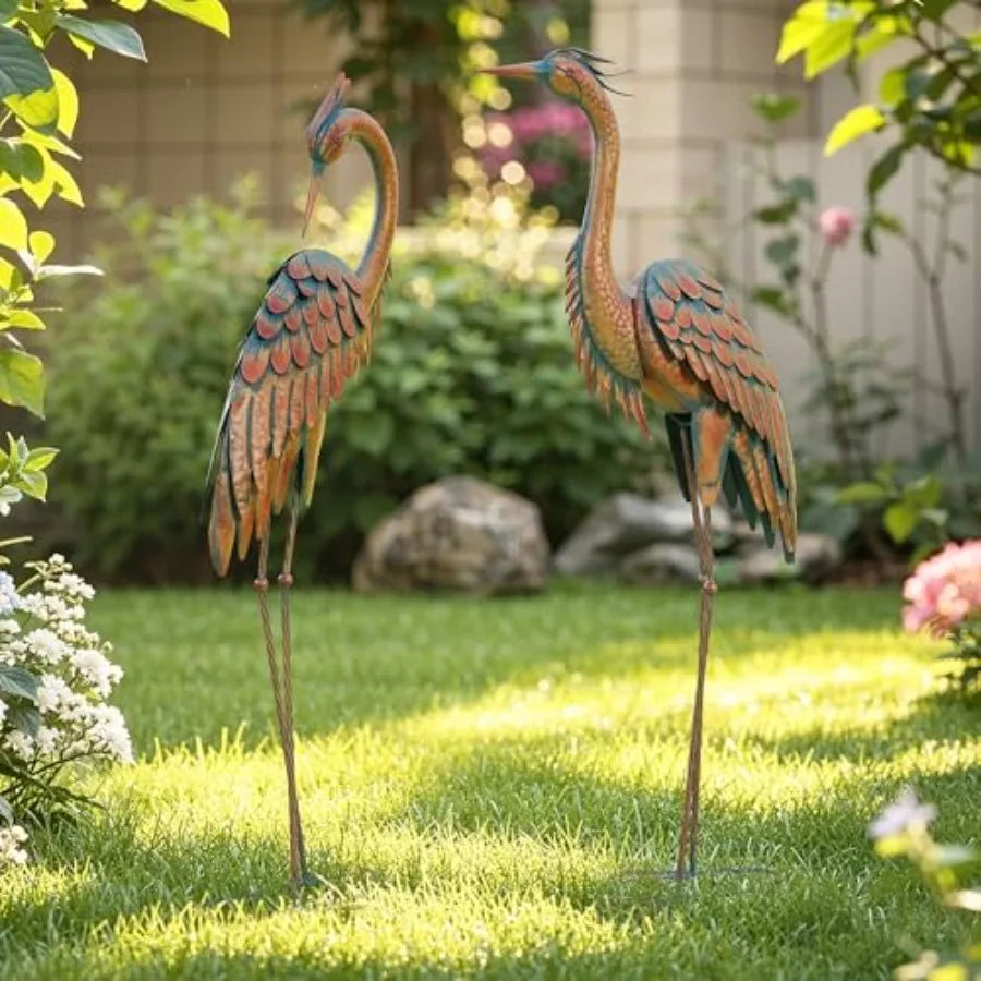Distressed Bronze Metal Cranes Outdoor Garden Decor