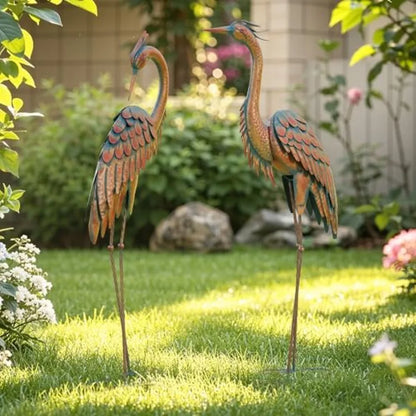 Distressed Bronze Metal Cranes Outdoor Garden Decor