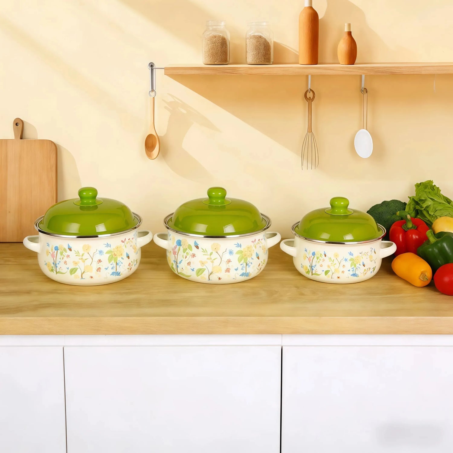 3Pcs Vintage Enamel Stock Pot Set with Lid,34oz/51oz/68oz Retro Flower Cooking Pot, Flat Bottom Stew Pot with Dual Handles for Induction &amp; Gas Stove Kitchen Use