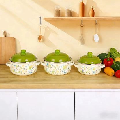 3Pcs Vintage Enamel Stock Pot Set with Lid,34oz/51oz/68oz Retro Flower Cooking Pot, Flat Bottom Stew Pot with Dual Handles for Induction &amp; Gas Stove Kitchen Use