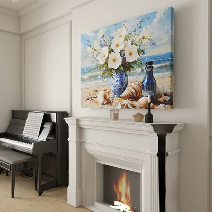 Blue and White Vases with Waterfront Tranquility Wall Art