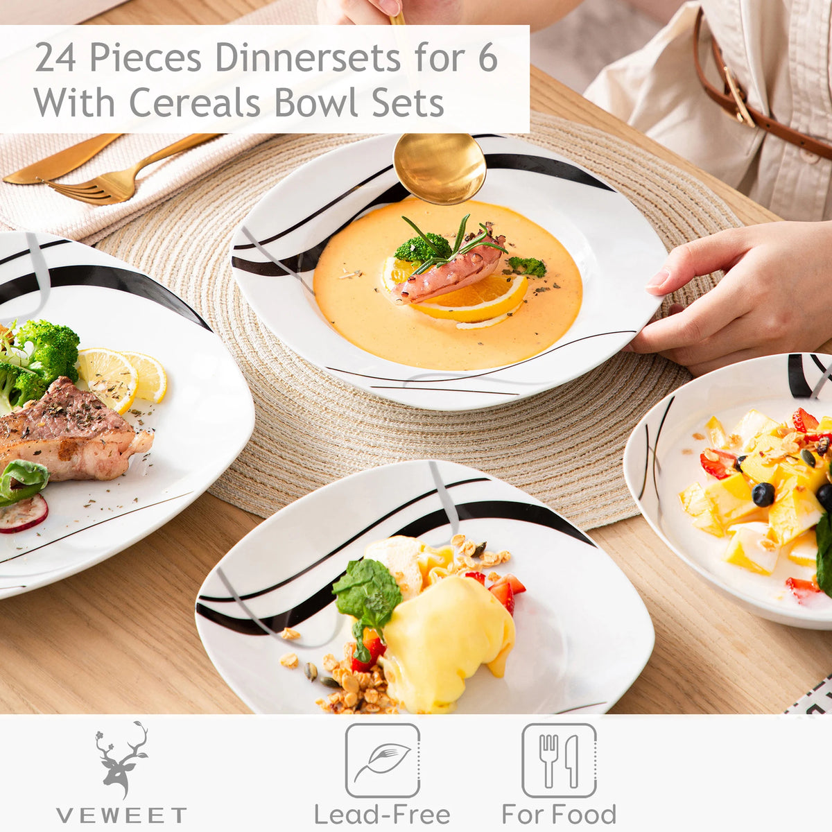 MALACASA 18 or 36-Piece Porcelain Ceramic Black Line Kitchen Tableware