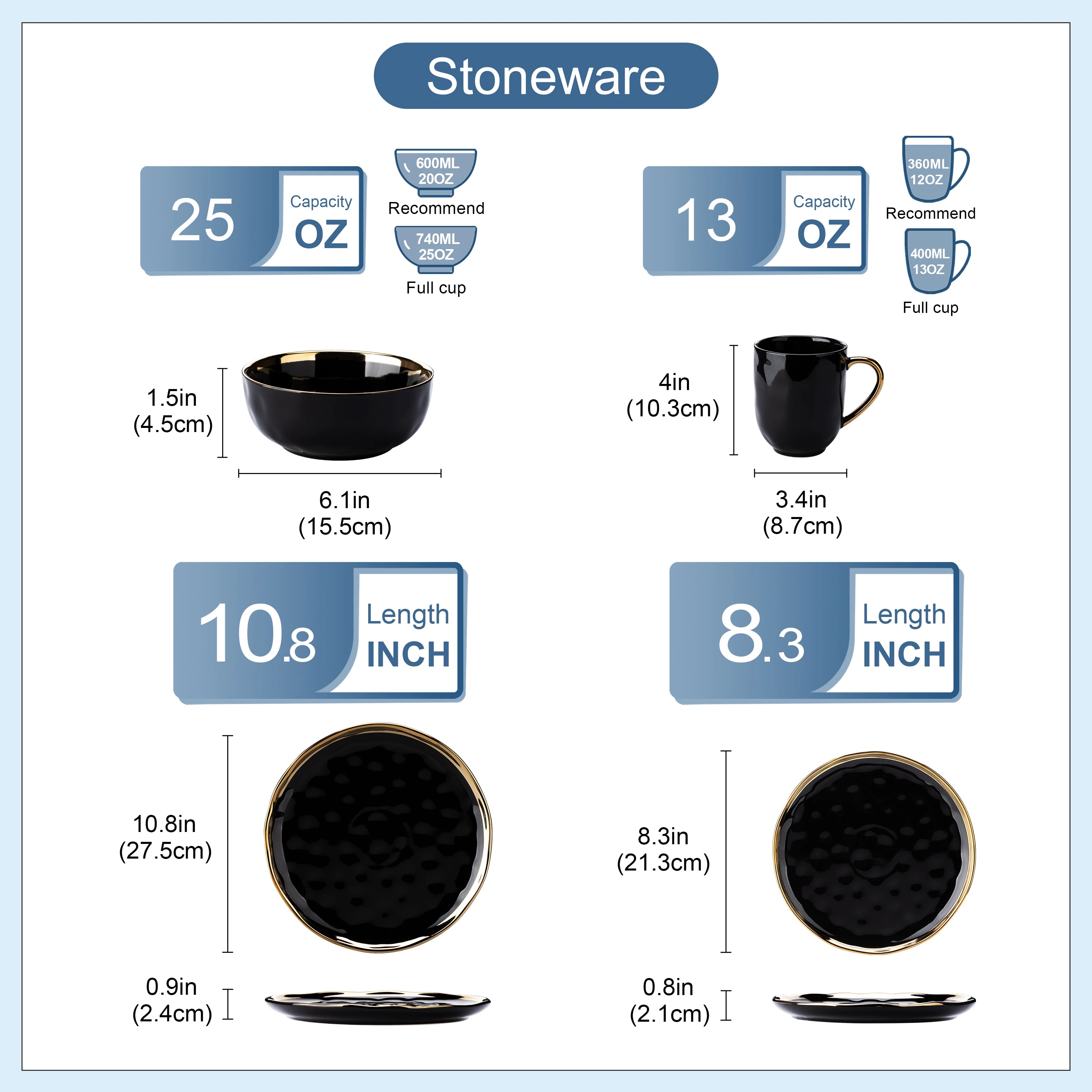 Black with Gold Trim Porcelain Dinnerware Set