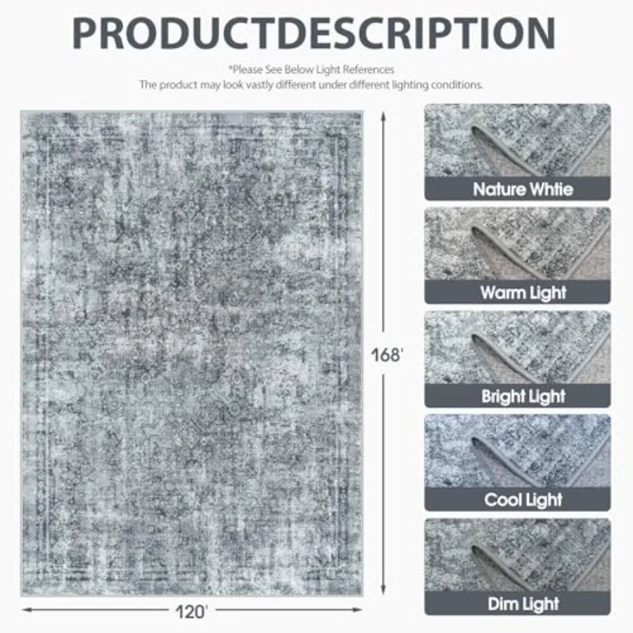10x14 Vintage Abstract Washable Rug In Black and Grey