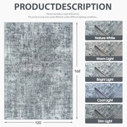 10x14 Vintage Abstract Washable Rug In Black and Grey