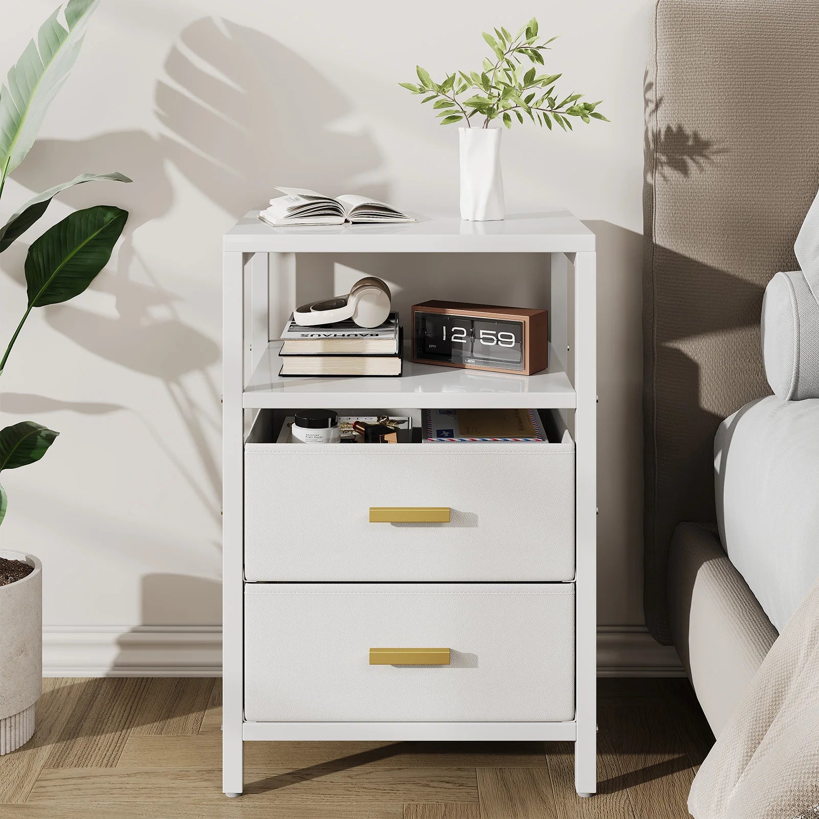 Modern White Bedside Side Table with 2 Drawers