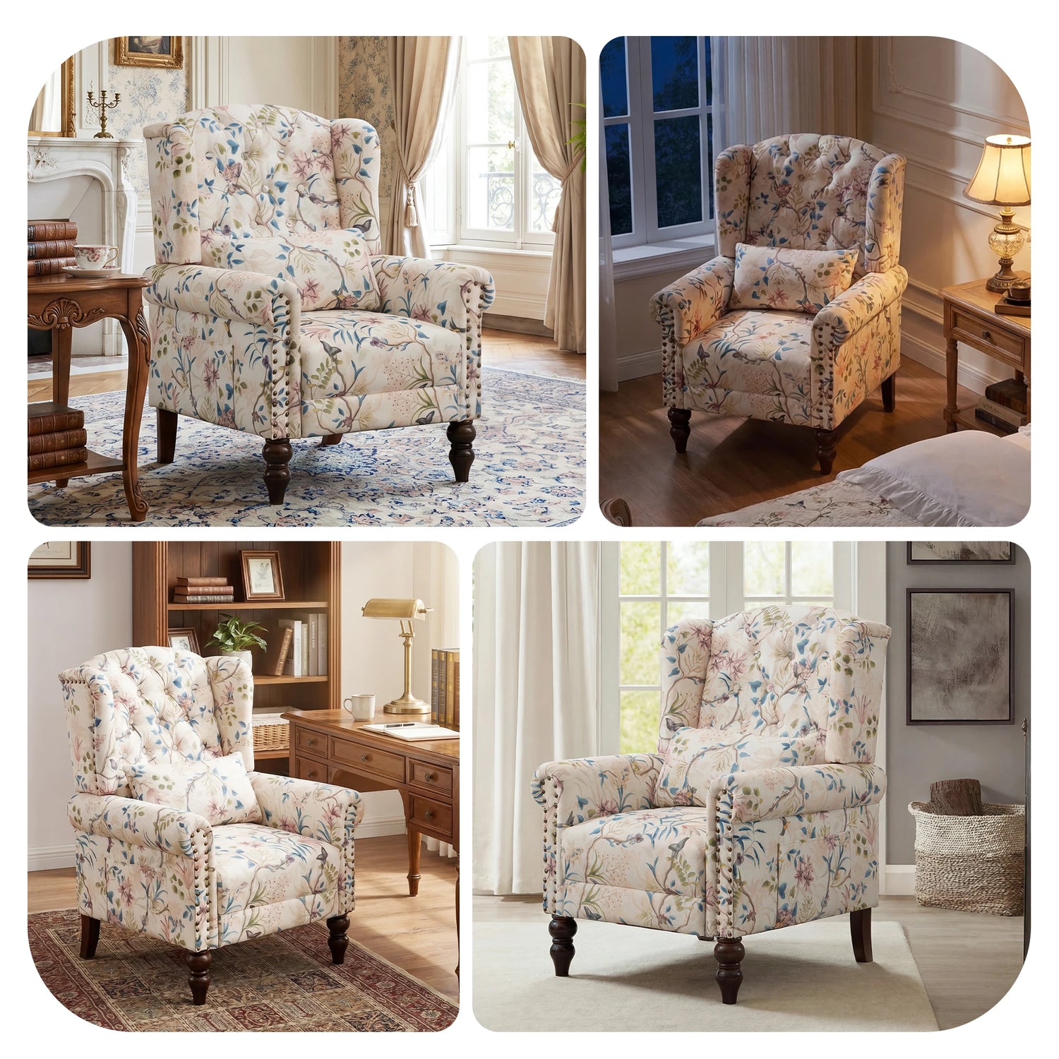 TCGBKAF Vintage Floral Fabric Wingback Accent Chair, Mid-Century Modern Upholstered Armchair, Mid Back Single Club Sofa Chair with Arms for Home