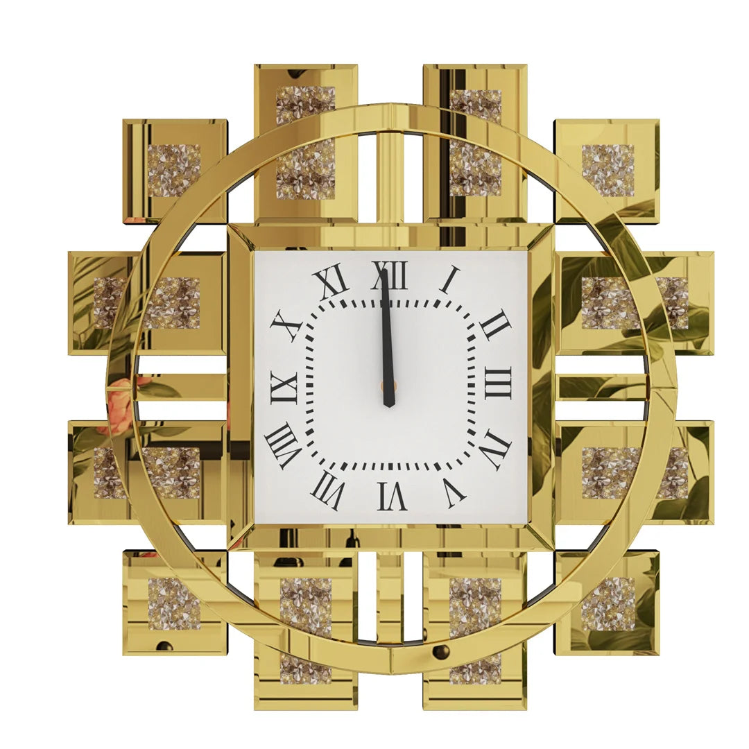 Decorative Wall Clock in Silver or Gold with Crushed Crystal Inlay