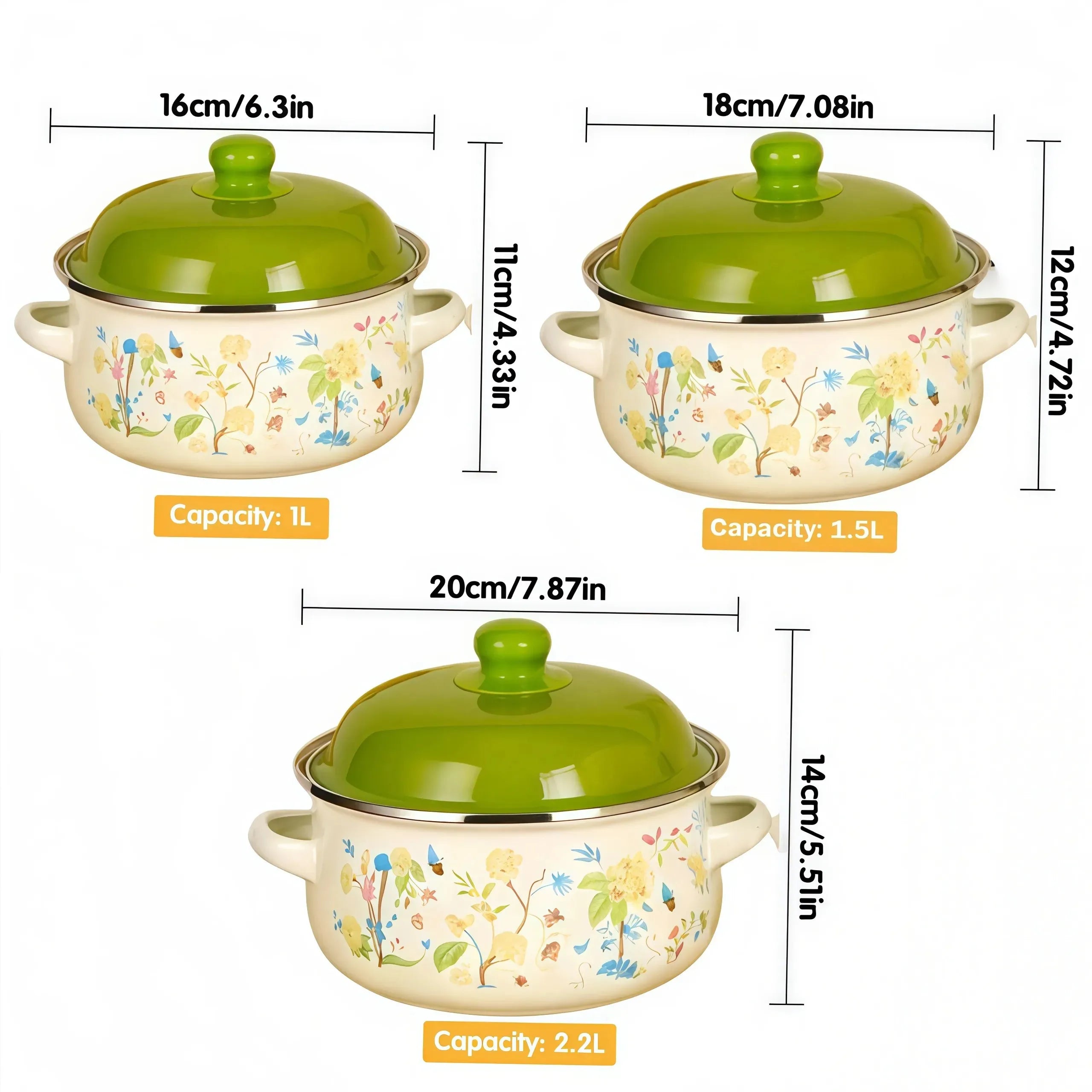3Pcs Vintage Enamel Stock Pot Set with Lid,34oz/51oz/68oz Retro Flower Cooking Pot, Flat Bottom Stew Pot with Dual Handles for Induction &amp; Gas Stove Kitchen Use