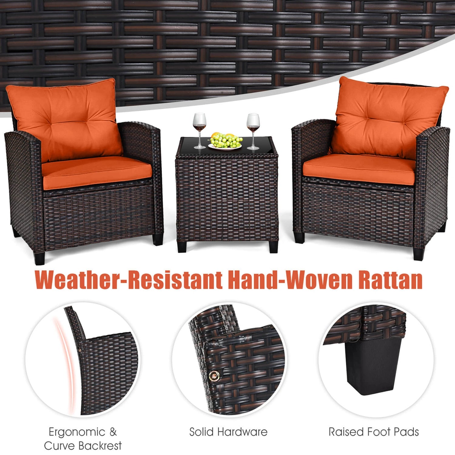 3-Piece Rattan Patio Furniture Set Including 2 Chairs and a Table