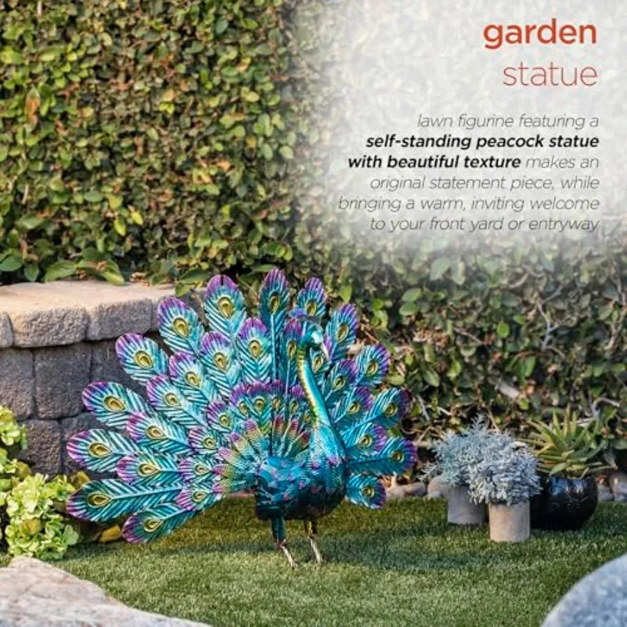Vibrant Outdoor Metallic Peacock Yard Statue