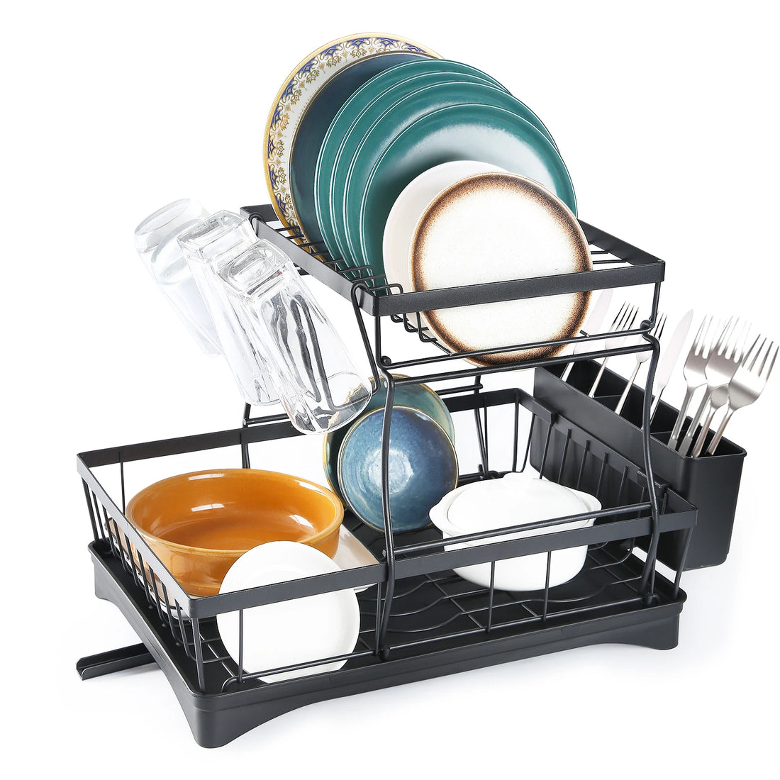 2-Tier Dish Drainer with Drip Tray and Drainer Mat
