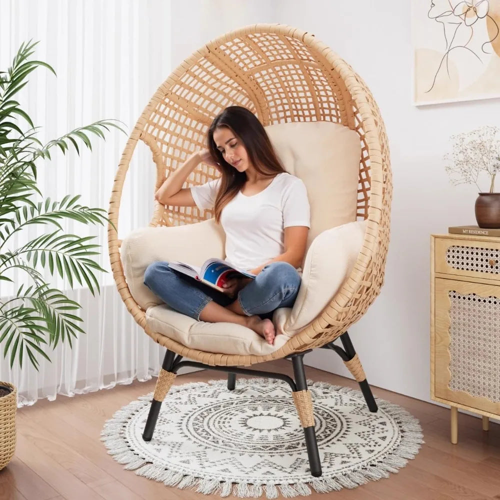 2 Pcs Oversized Wicker Egg Chair with Cushions