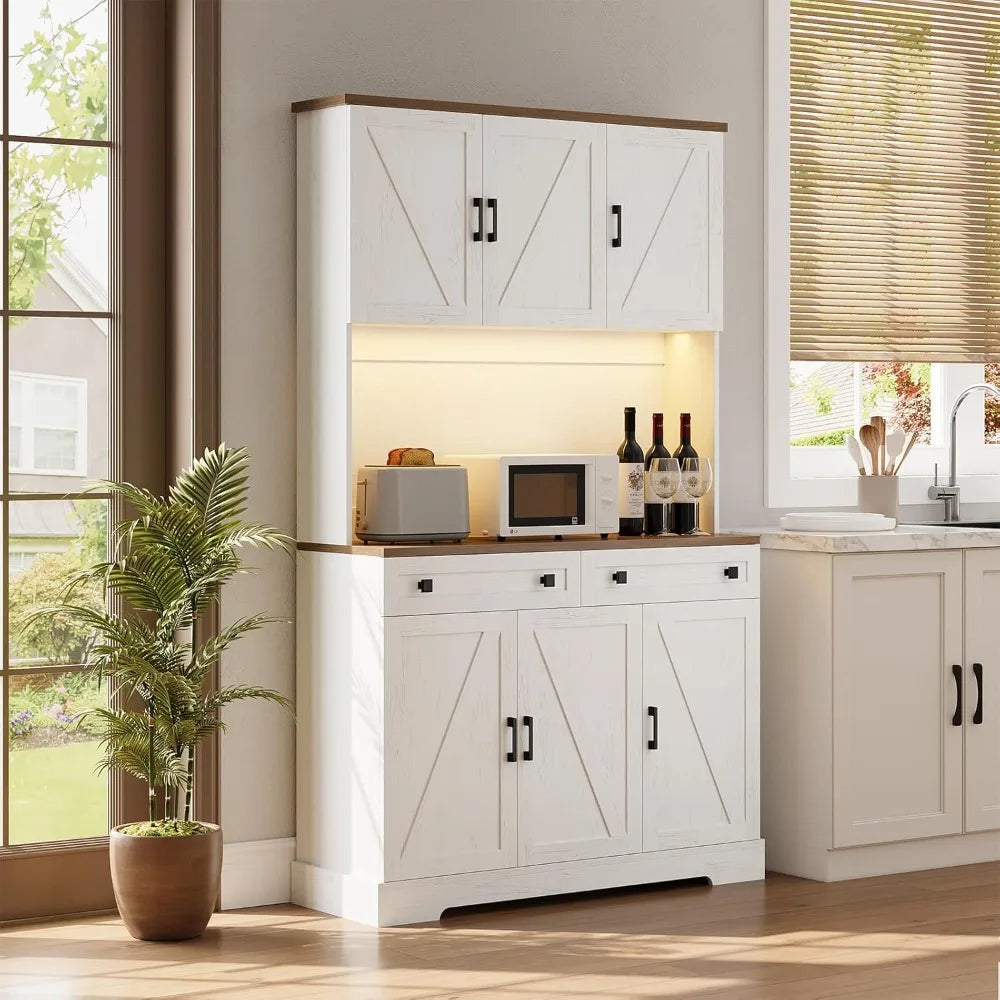 71" Kitchen Pantry Cabinet with Charging Station &amp; LED Lights, Tall Kitchen Storage Cabinet with Hutch, Farmhouse, Customized