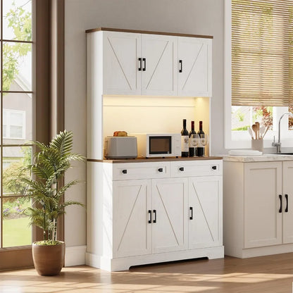 71" Kitchen Pantry Cabinet with Charging Station &amp; LED Lights, Tall Kitchen Storage Cabinet with Hutch, Farmhouse, Customized