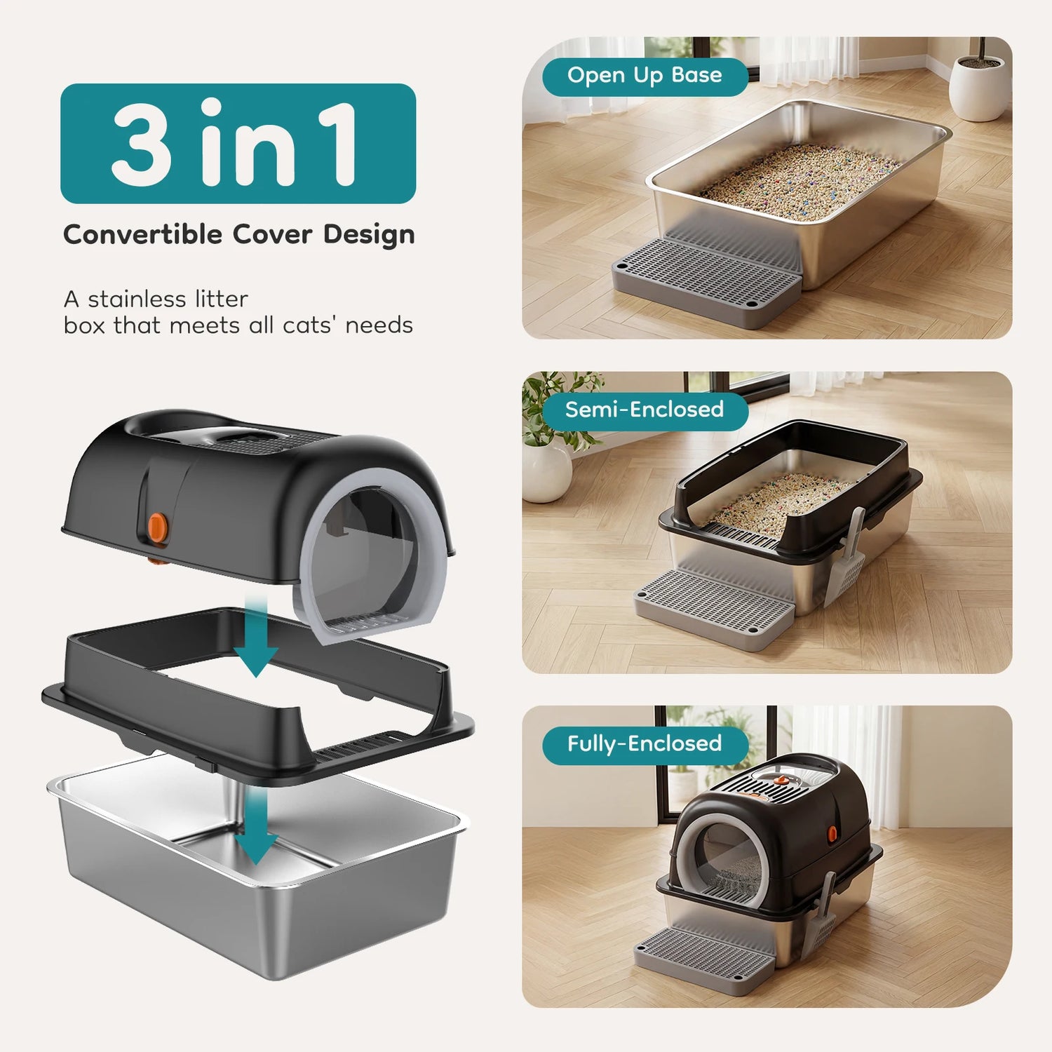 JHK 24 Inch Fully Enclosed Stainless Steel Cat Litter Box