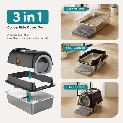 JHK 24 Inch Fully Enclosed Stainless Steel Cat Litter Box