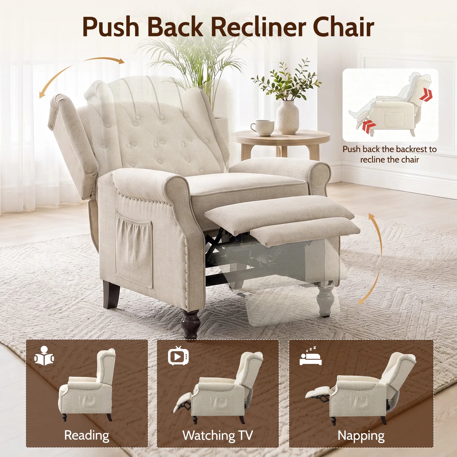 TCGBKAF Mid-Century Wingback Recliner with Massage &amp; Heat