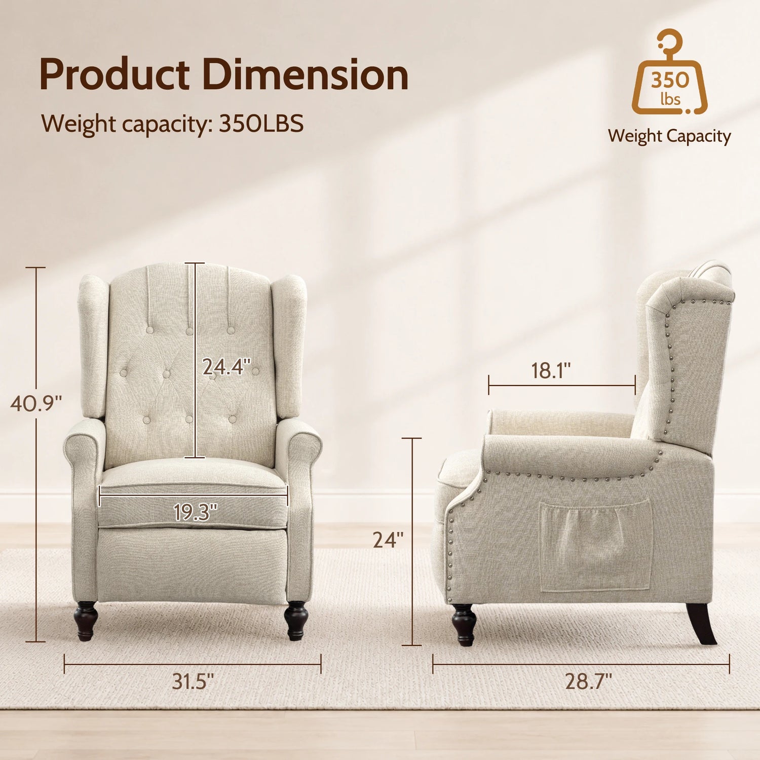 TCGBKAF Mid-Century Wingback Recliner with Massage &amp; Heat