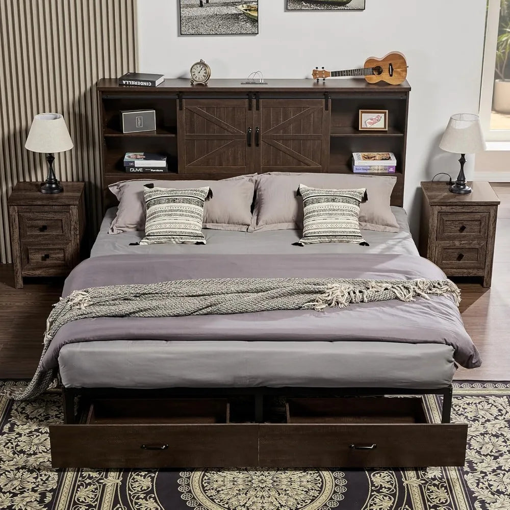 Queen Size Wooden Platform Storage Bed with Storage and Charging Station