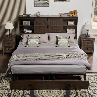 Queen Size Wooden Platform Storage Bed with Storage and Charging Station