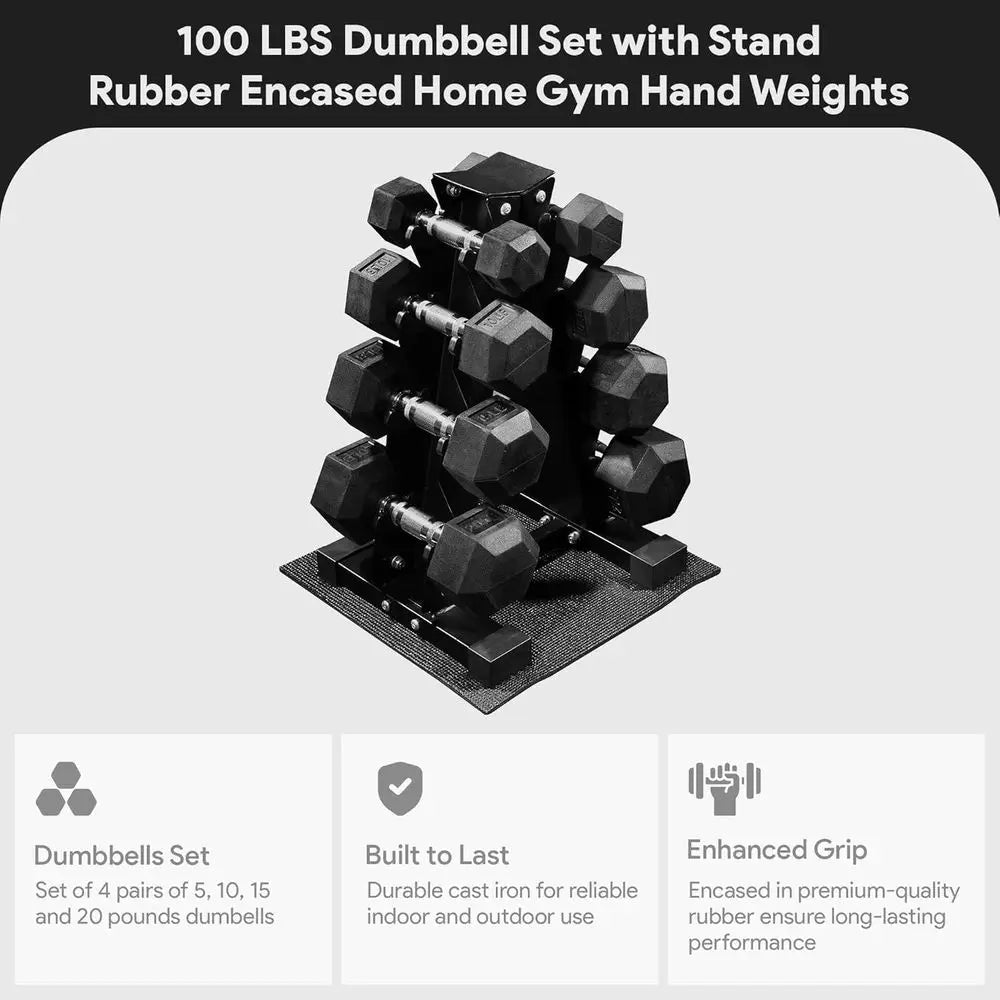 Rubber Coated Hex Dumbbell Set With Storage Rack