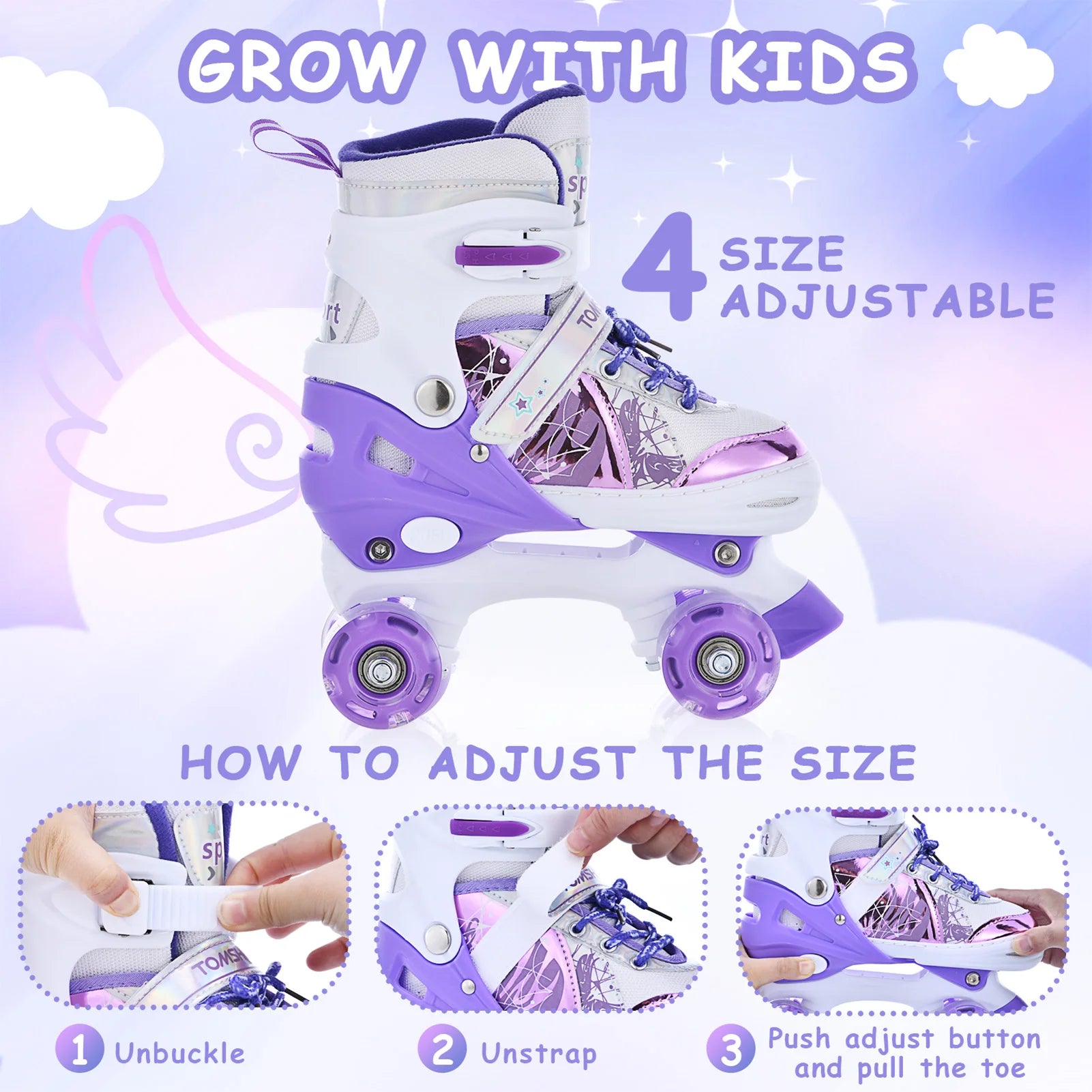 Light Up Roller Skates for Girls and Boys with 4 Size Adjustments