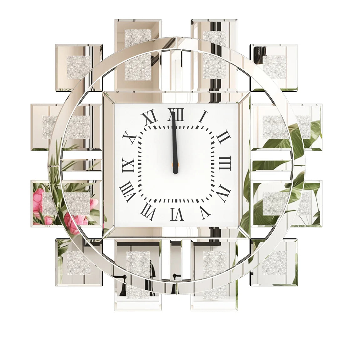 Decorative Wall Clock in Silver or Gold with Crushed Crystal Inlay