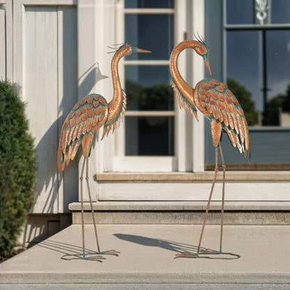 Distressed Bronze Metal Cranes Outdoor Garden Decor