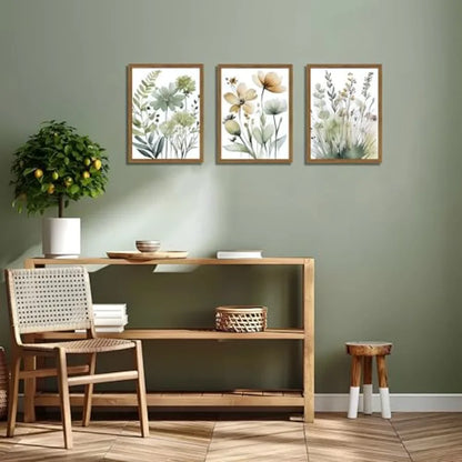 Set of 3 Boho Style Sage Green Botanical Wall Art