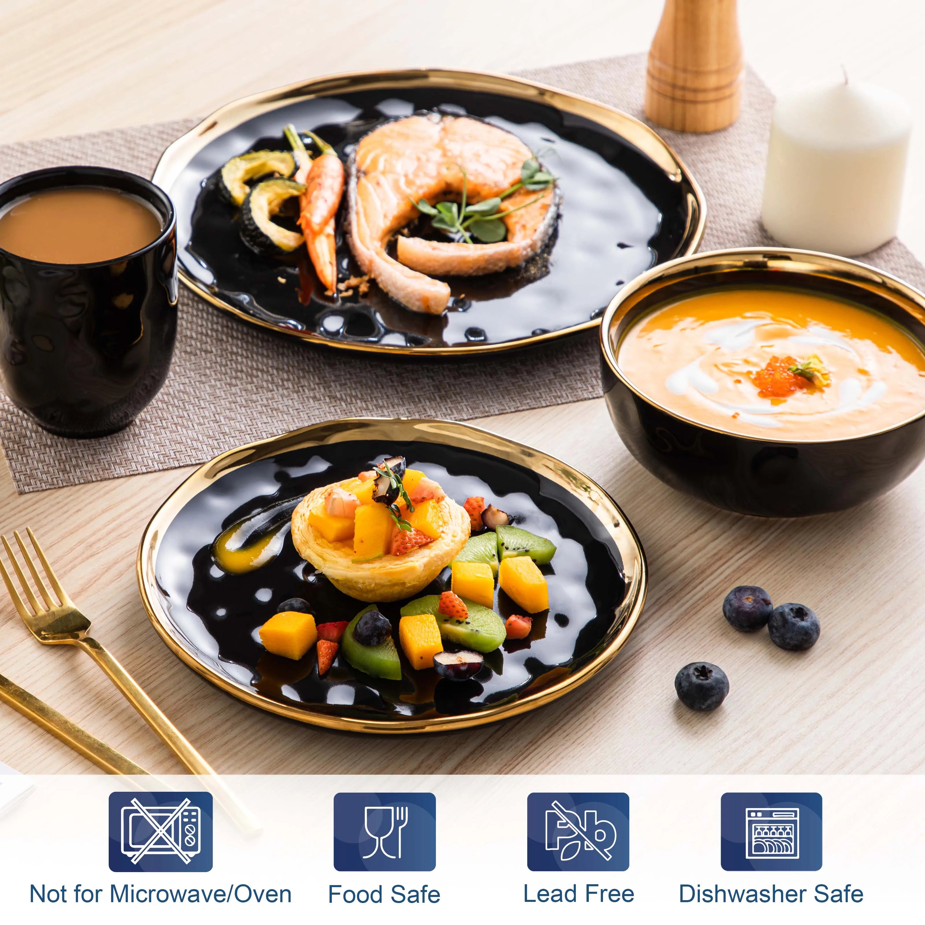 Black with Gold Trim Porcelain Dinnerware Set