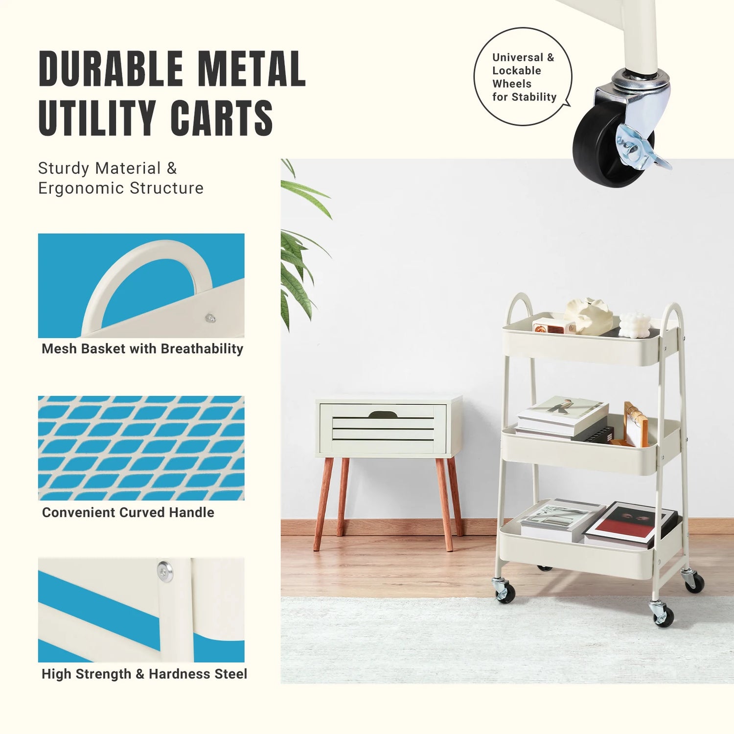 JHK 3-Tier Metal Kitchen Cart with Lockable Wheels