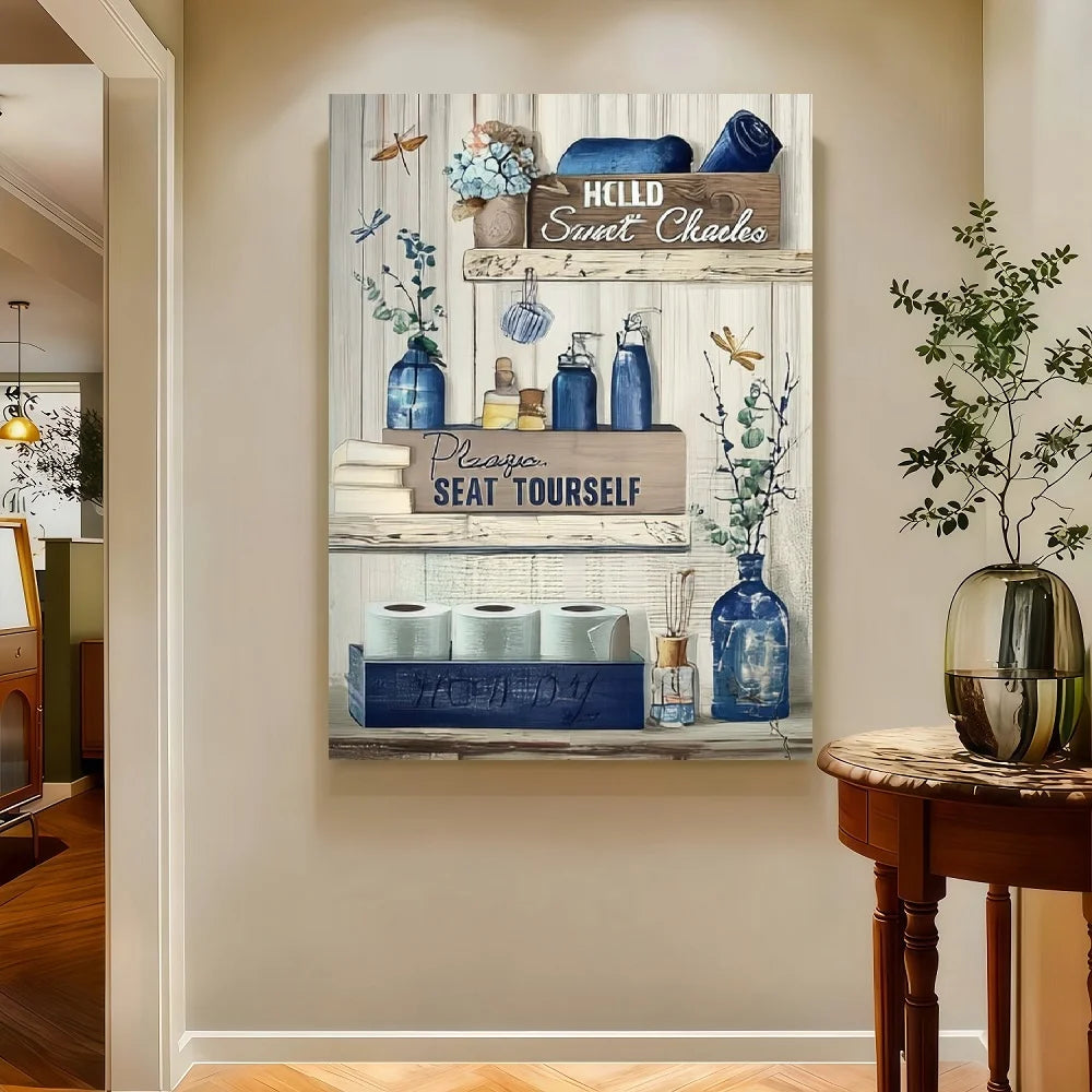 Framed Rustic Navy Blue Bathroom Canvas Wall Art
