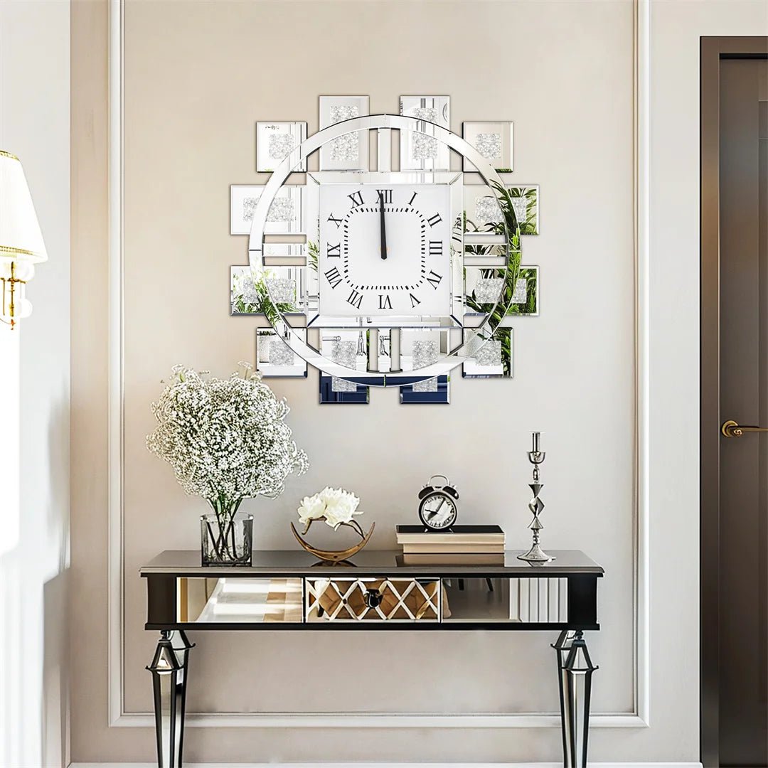 Decorative Wall Clock in Silver or Gold with Crushed Crystal Inlay