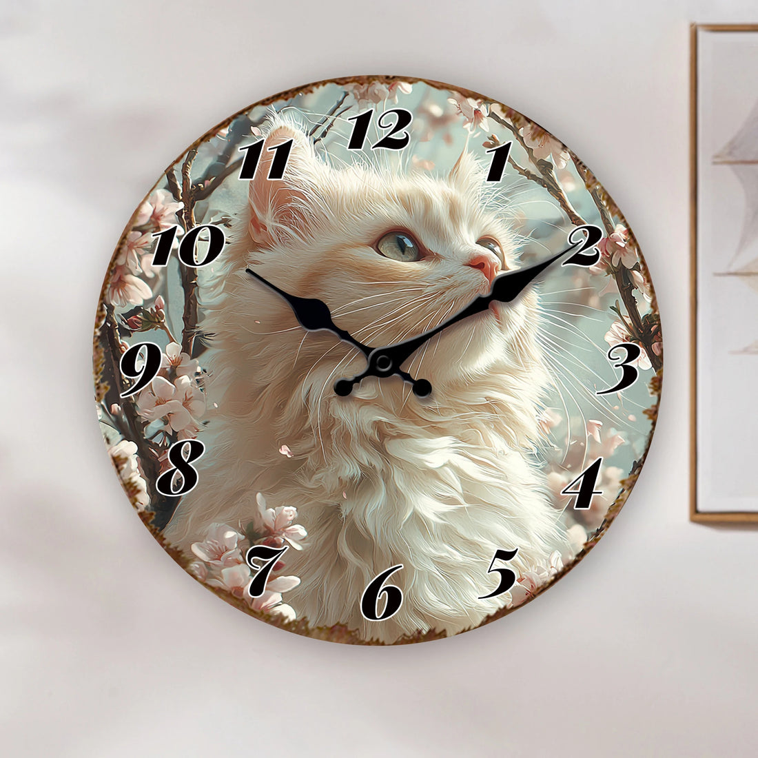 Fluffy White Cat with Cherry Blossom Background Wall Clock