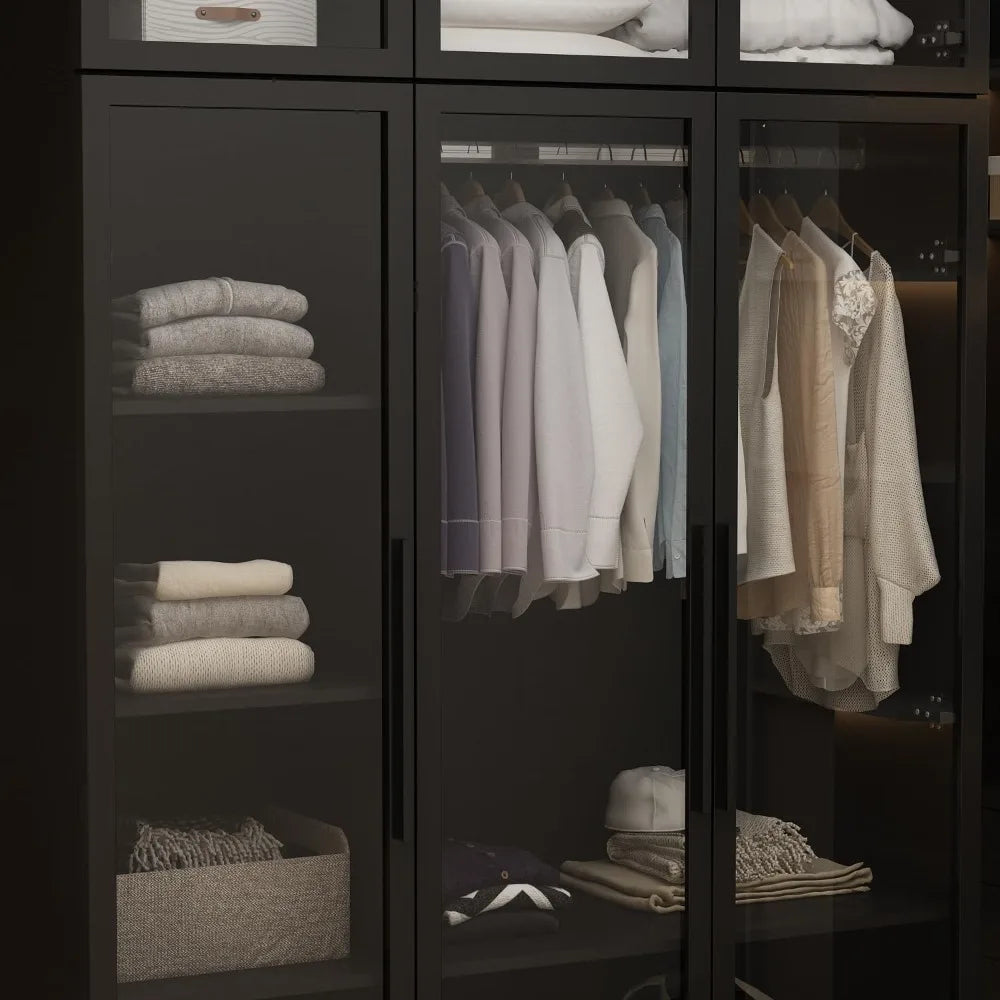 Wardrobe Cabinet with Glass Doors and LED Lights