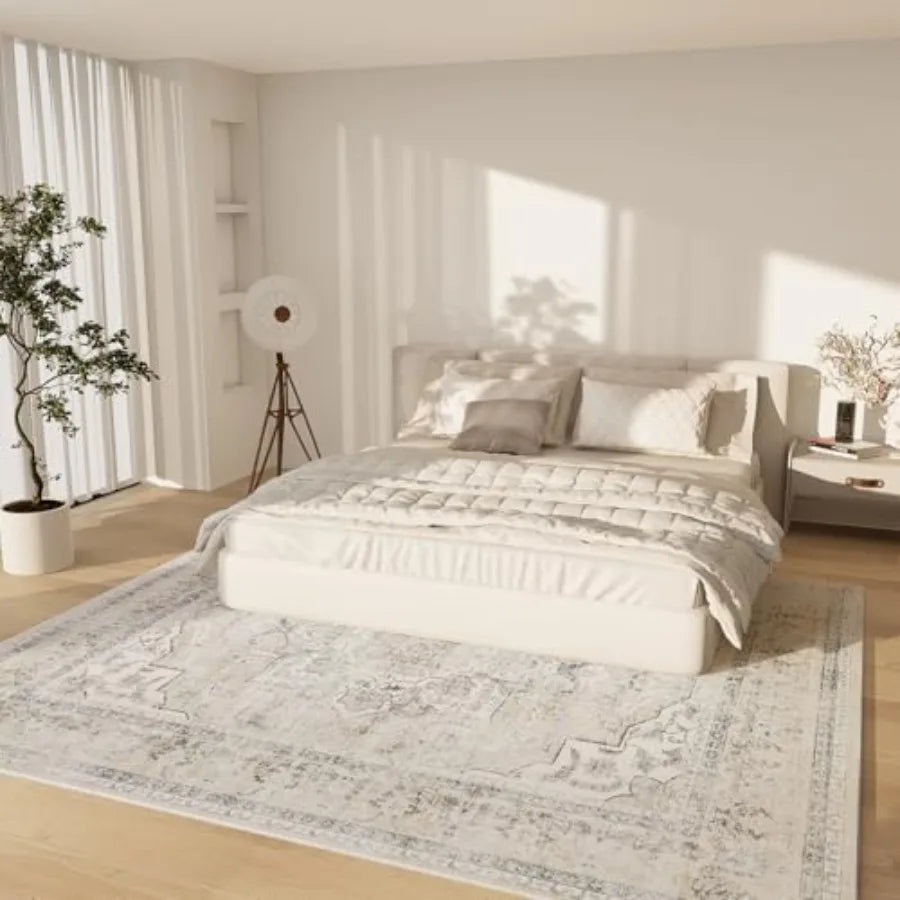 9x12 Vintage Washable Soft Faux Wool Beige Rug