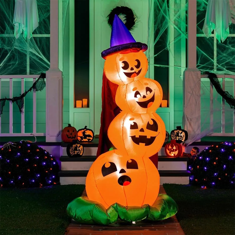 6 Foot Halloween Stacked Pumpkin with Witch Hat Inflatable