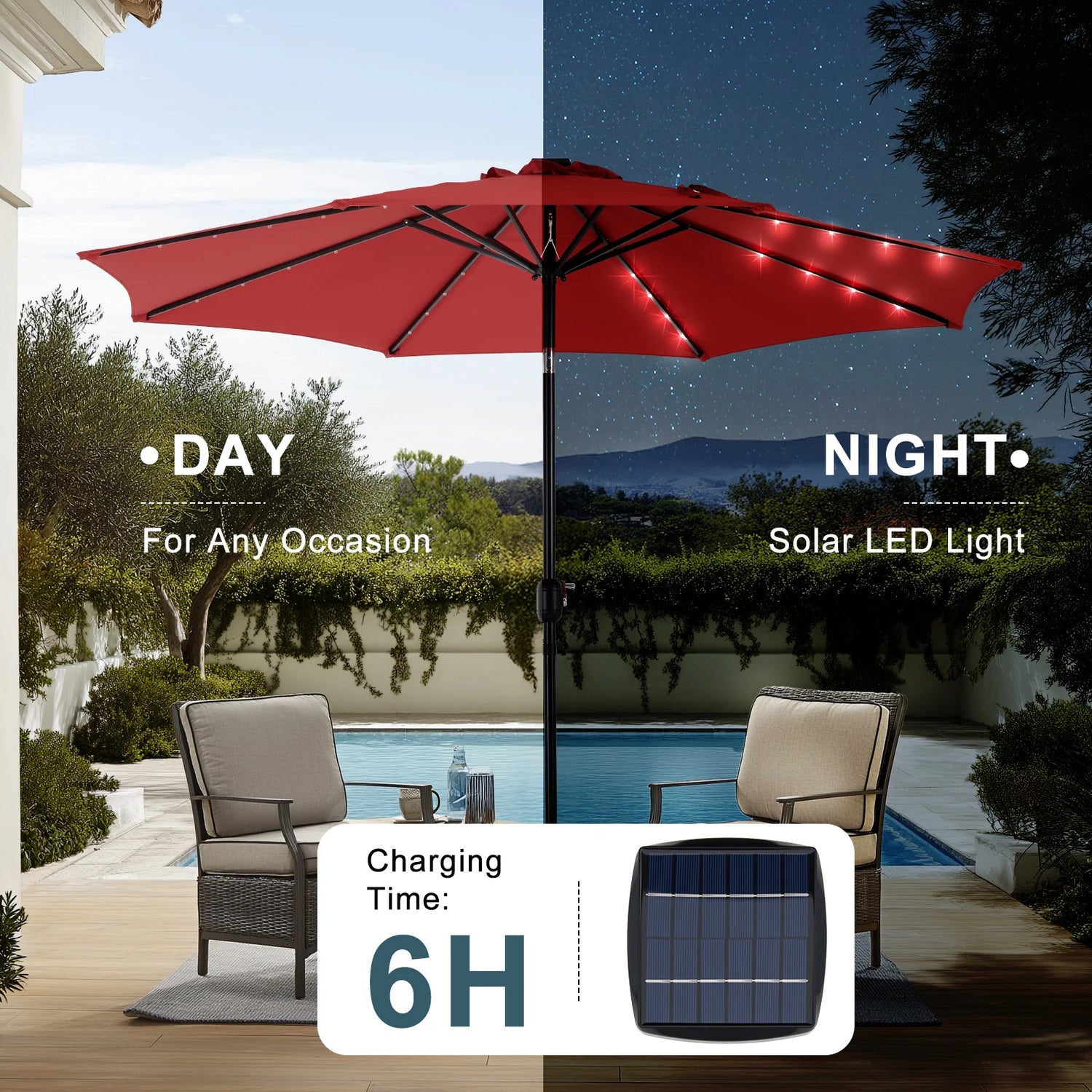 JHK 10 FT Solar Patio Umbrella with 32 LED Lights