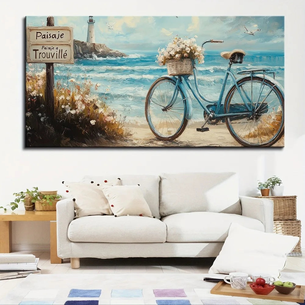 White Lighthouse, Ocean Waves, Sandy Beach and a Bicycle Wall Art