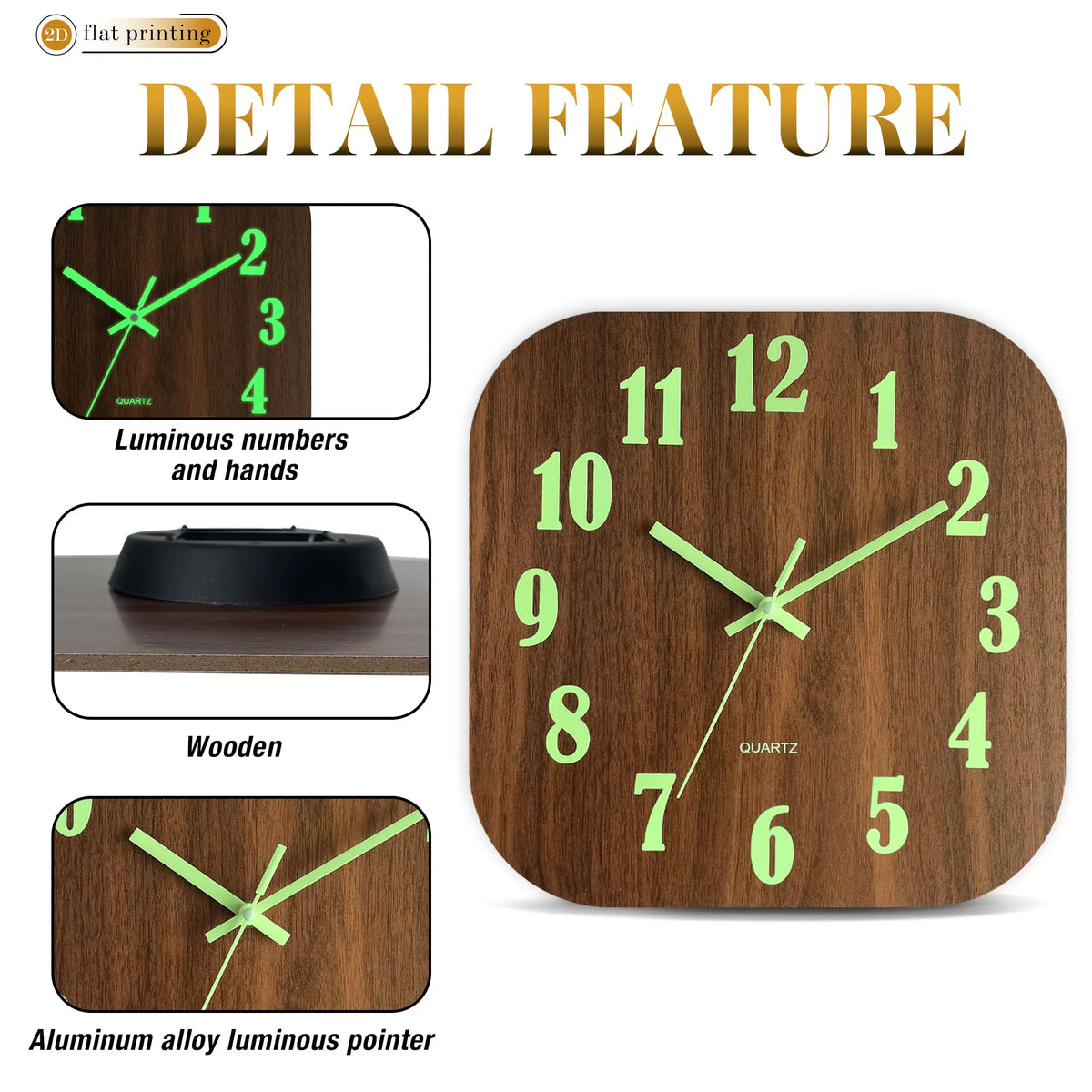 Square Glow-in-the-Dark Wall Clock with Bright Luminescent Numbers