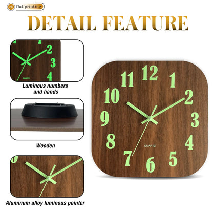 Square Glow-in-the-Dark Wall Clock with Bright Luminescent Numbers