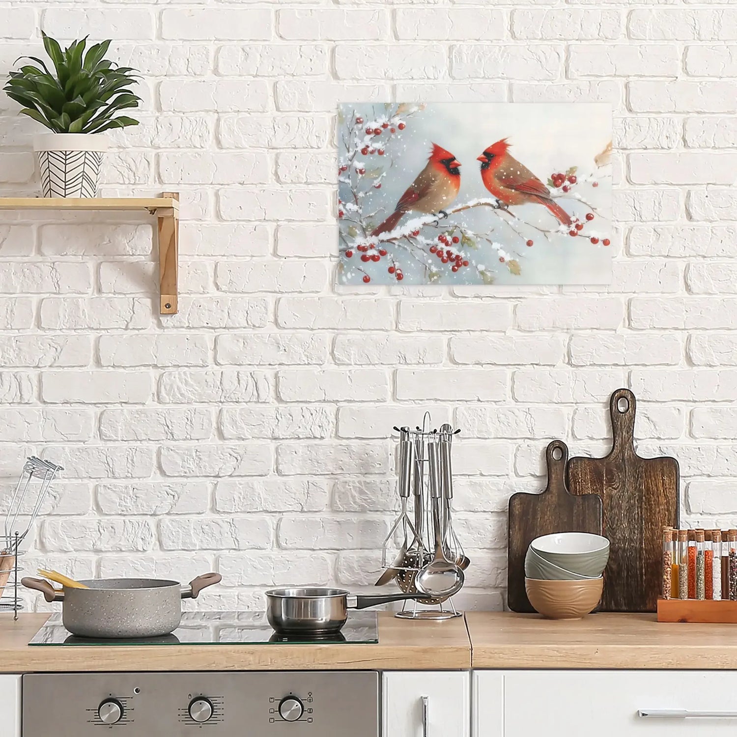 Botanical Canvas Wall Art Featuring Two Cardinals